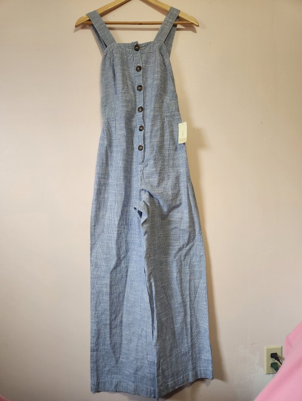 NWT Japna Blue White Striped 100% Cotton Button Front Wide Leg Jumpsuit Size S